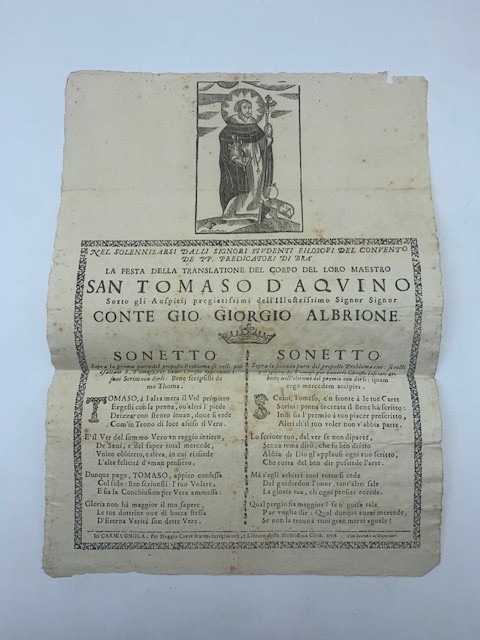 Nel solennizzarsi dalli signori studenti filosofi del Convento de PP. Predicatori di Bra la festa della translatione del corpo del loro maestro San Tommaso d'Aquino...